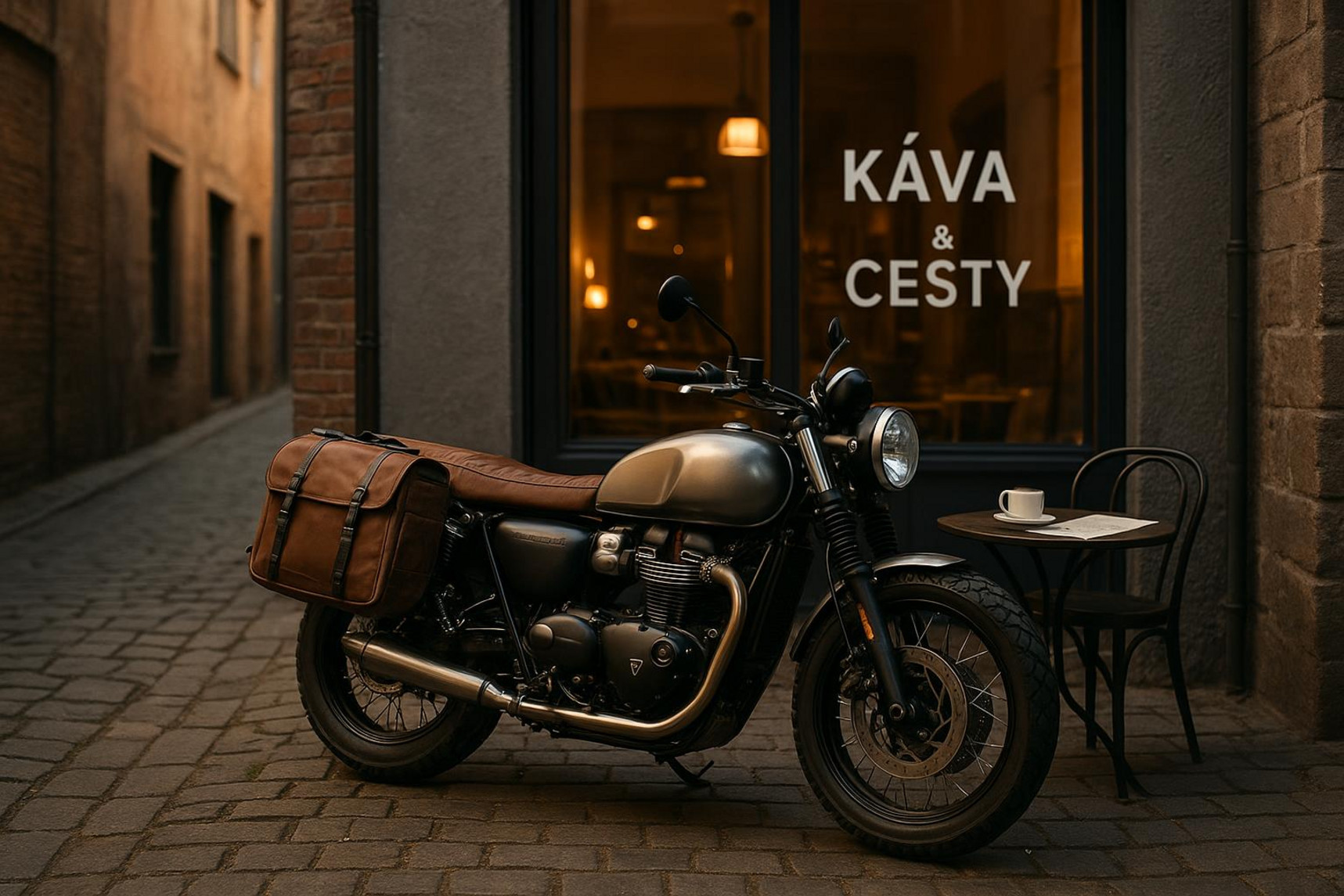 Motorka s koženou brašnou u kavárny