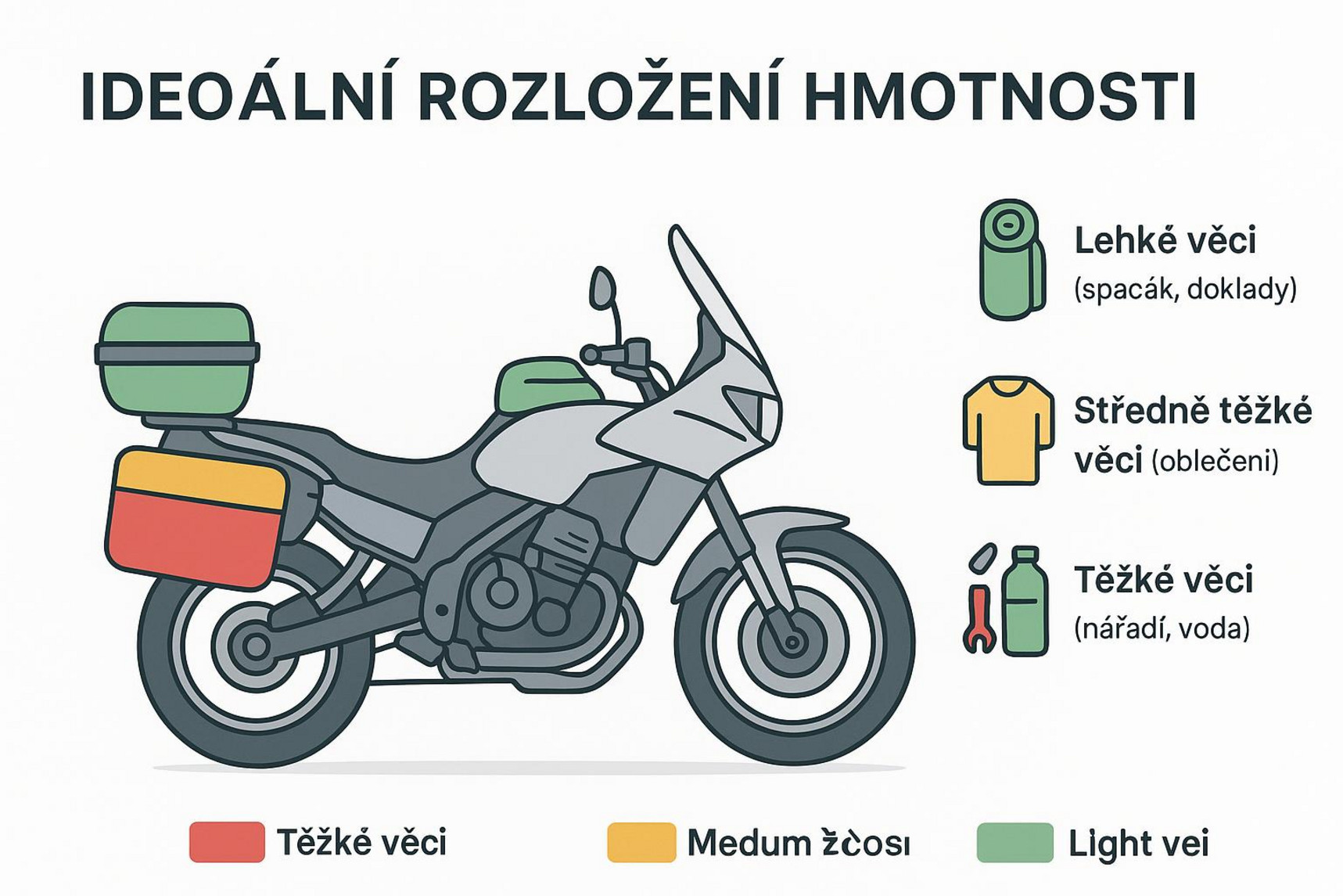 Schéma správného rozložení hmotnosti na motorce